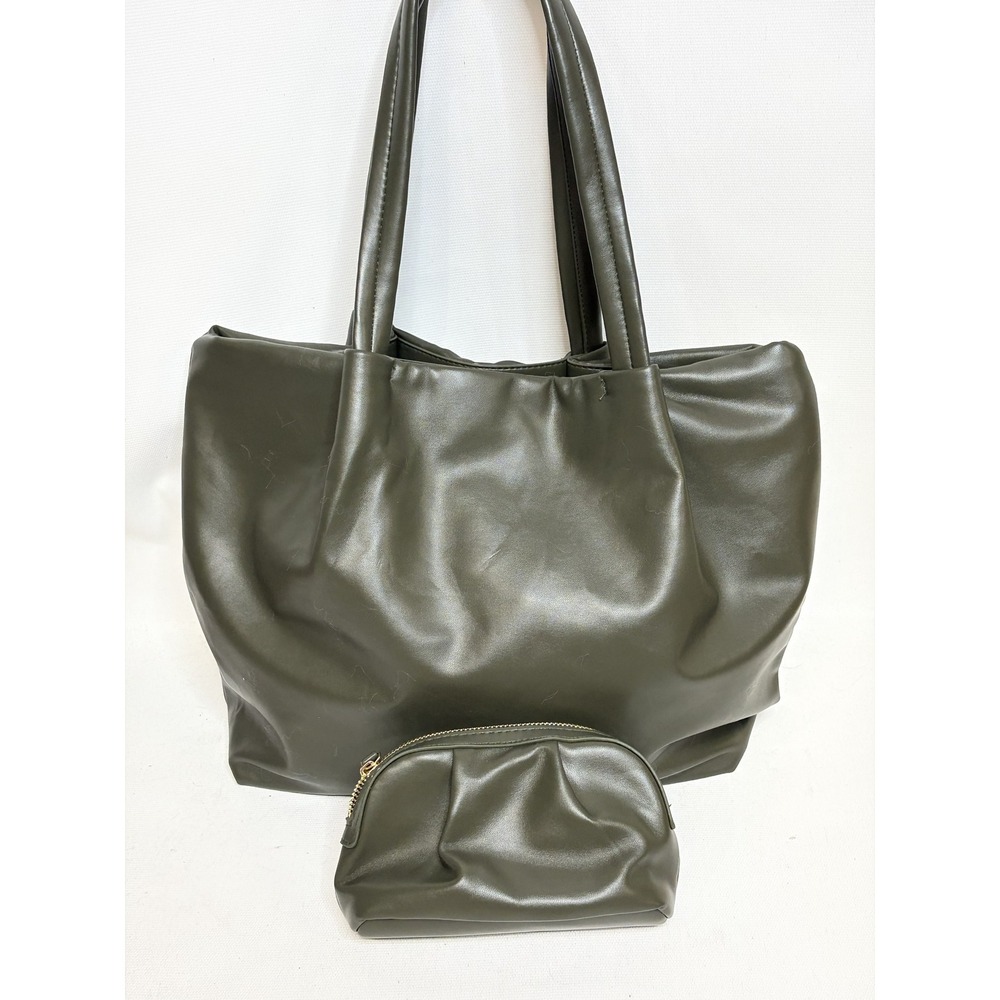 Neiman Marcus Olive Green Faux Leather Tote Bag and Pouch Set  Shoulder Bag - Picture 2 of 8
